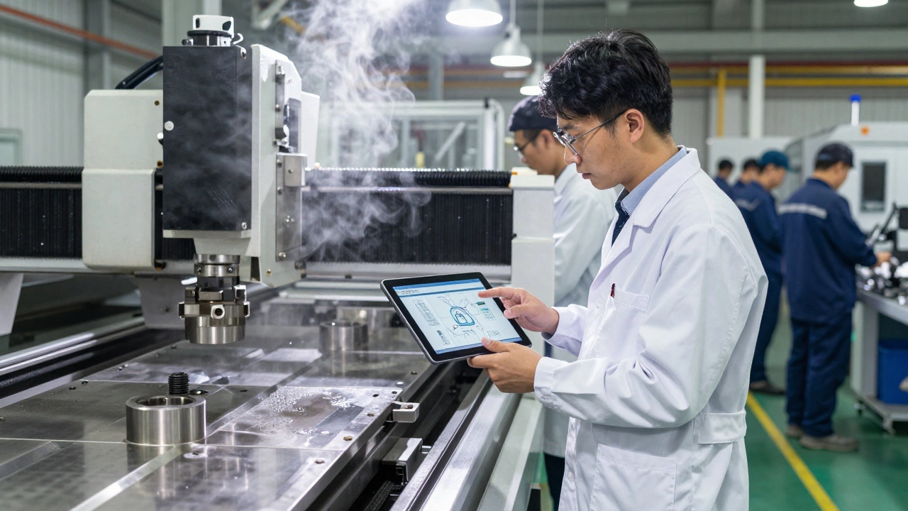 Инженер-технолог контролирует работу станков на производственной линии, следя за качеством деталей.