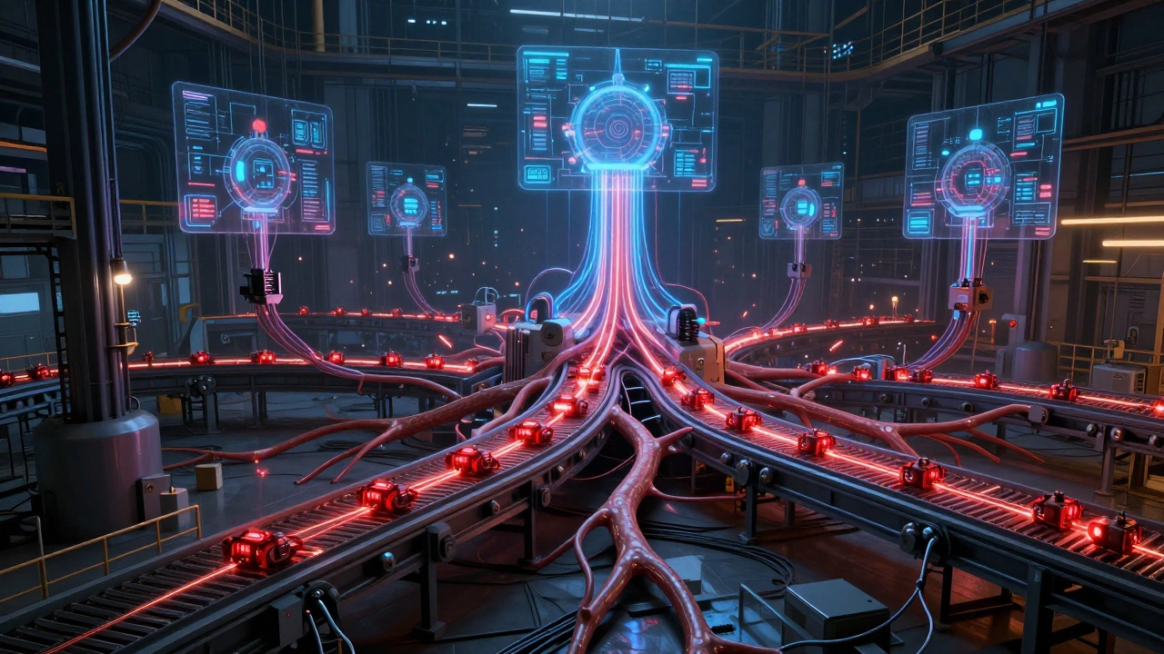 Концептуальное изображение завода как живого организма с потоками данных и цифровыми двойниками.