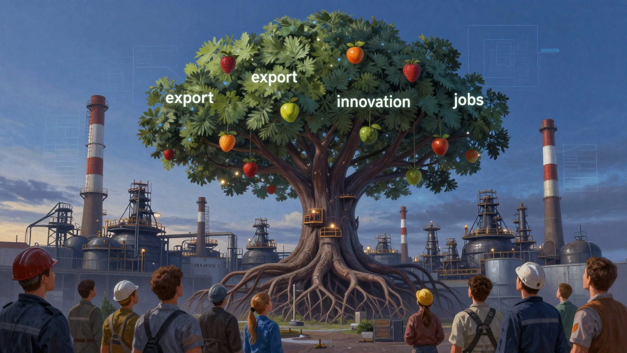 Промышленный комплекс превращается в дерево технологий, с работниками и студентами, смотрящими вверх на плоды инноваций.