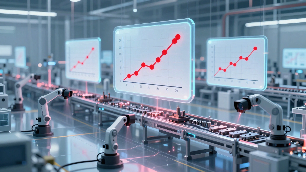 Прозрачная схема завода с цифровыми контрольными картами и автоматизированными сканерами.