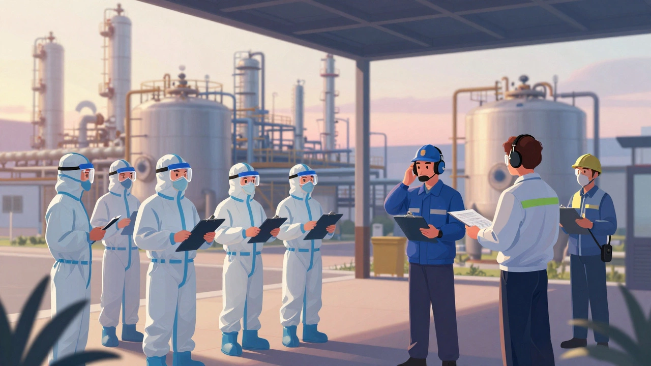 Рабочие на ежедневном инструктаже на химическом заводе, держат бланки и проверяют средства защиты.