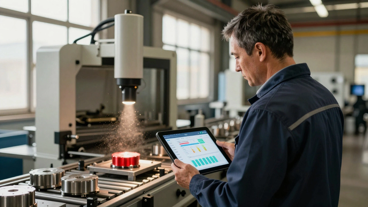 Руководитель с планшетом наблюдает за проверкой деталей на конвейере.