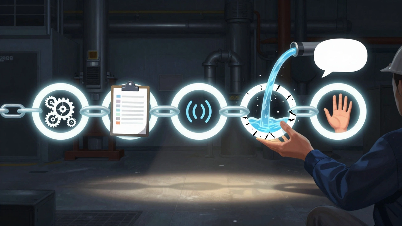 Символическая цепь из пяти звеньев, каждое — вид безопасности, одно звено повреждено, рабочий его чинит.