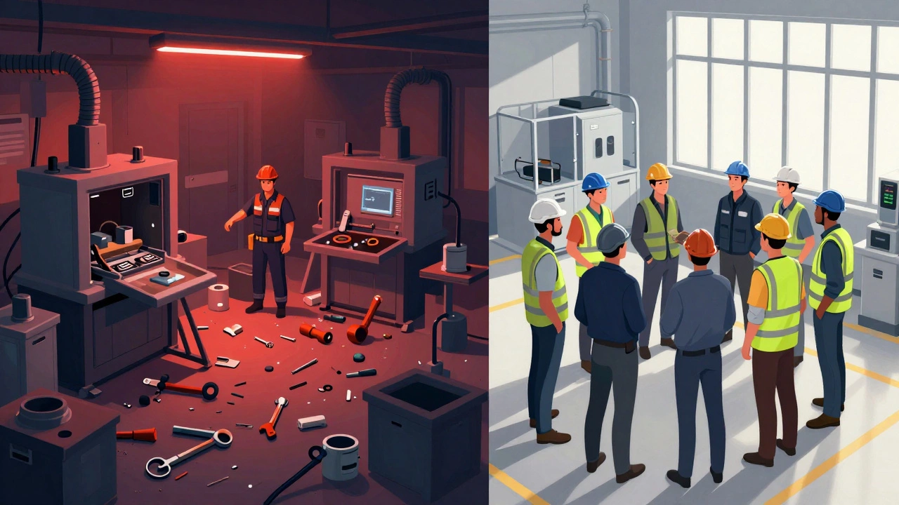 Сравнение опасного и безопасного рабочего места в производственном цеху.