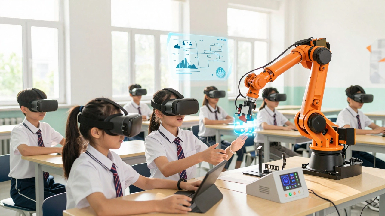 Студенты в VR-шлемах учатся управлять роботами в учебном центре цифрового производства.