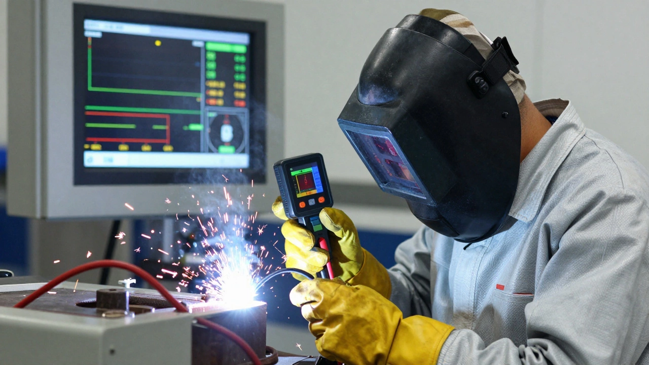 Сварщик следит за температурой шва с помощью портативного датчика в реальном времени.