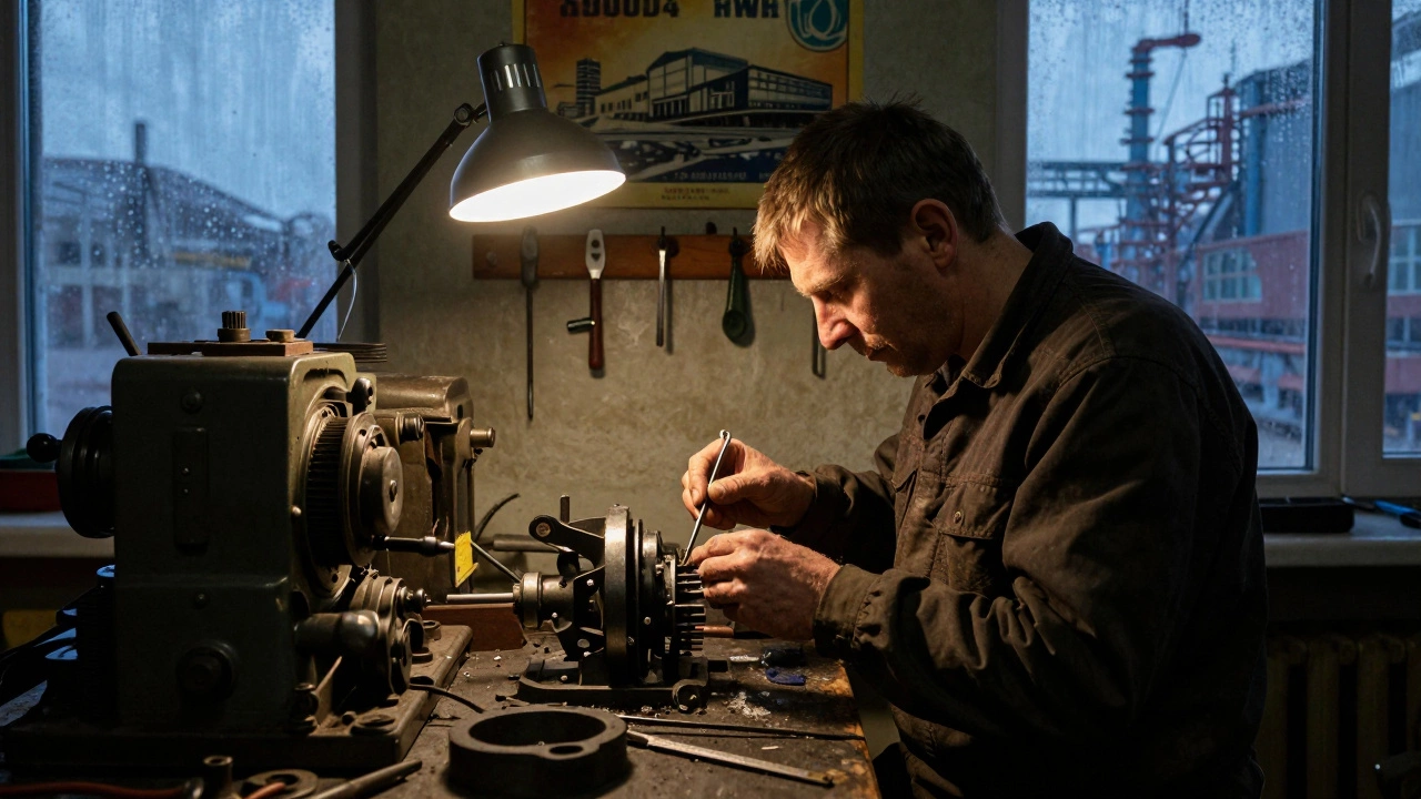 Техник в цеху на Урале чинит деталь старого тепловоза, вокруг — устаревшее оборудование, тёплый свет лампы и холодное окно.