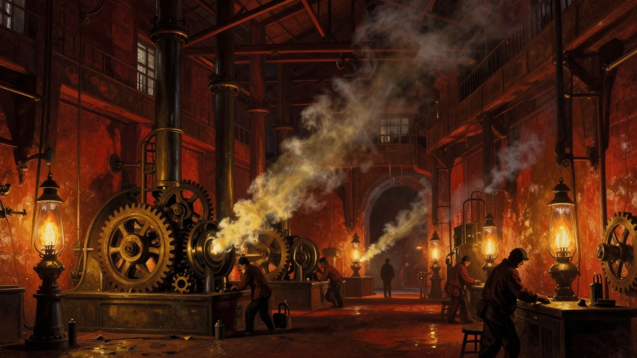 Внутренний вид фабрики XIX века: рабочие у станков, свет пламени и пара, механизмы в движении.