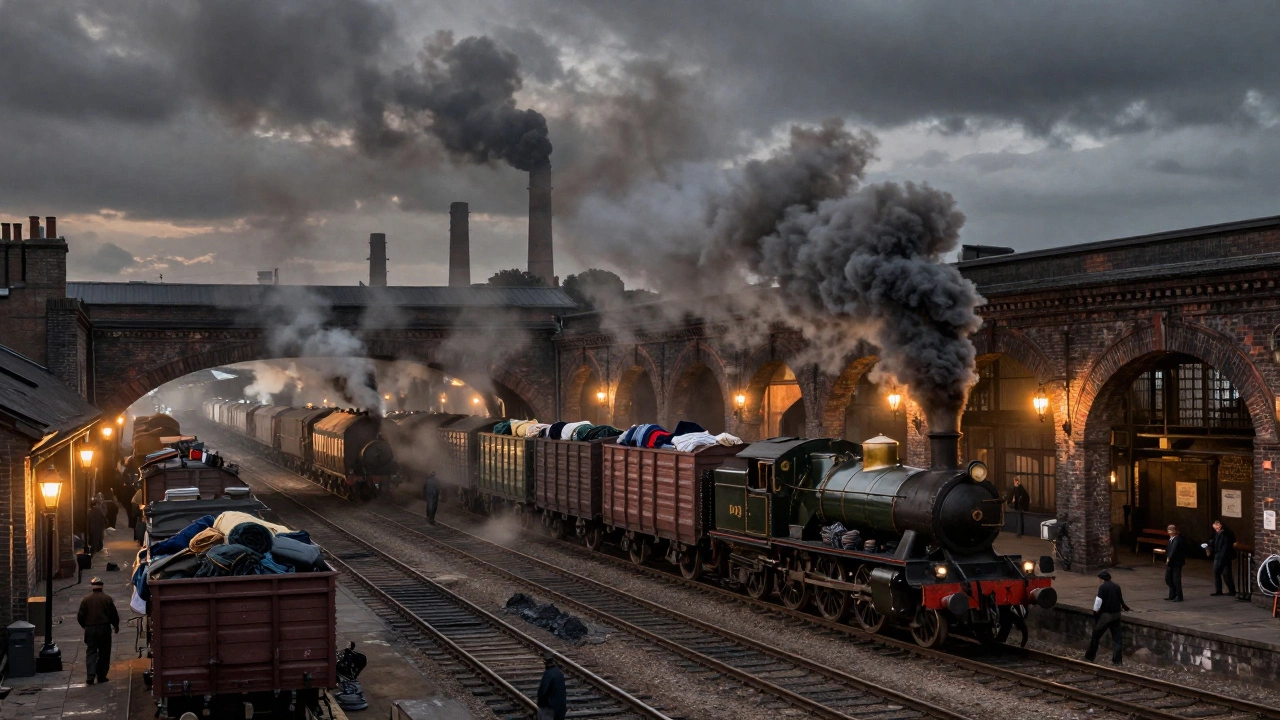 Железнодорожная станция середины XIX века с паровозами и грузовыми вагонами под дымом фабрик.