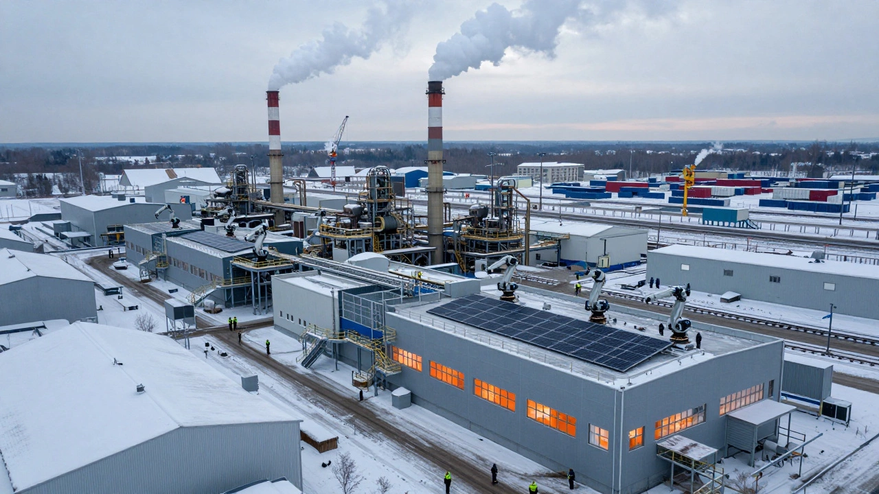 Зимний промышленный комплекс в России с роботами, солнечными панелями и дымовыми трубами.