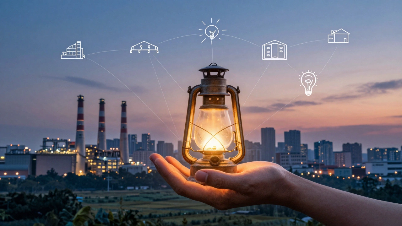 Человеческая рука держит фабрику как светильник, символизируя промышленность как основу нации.