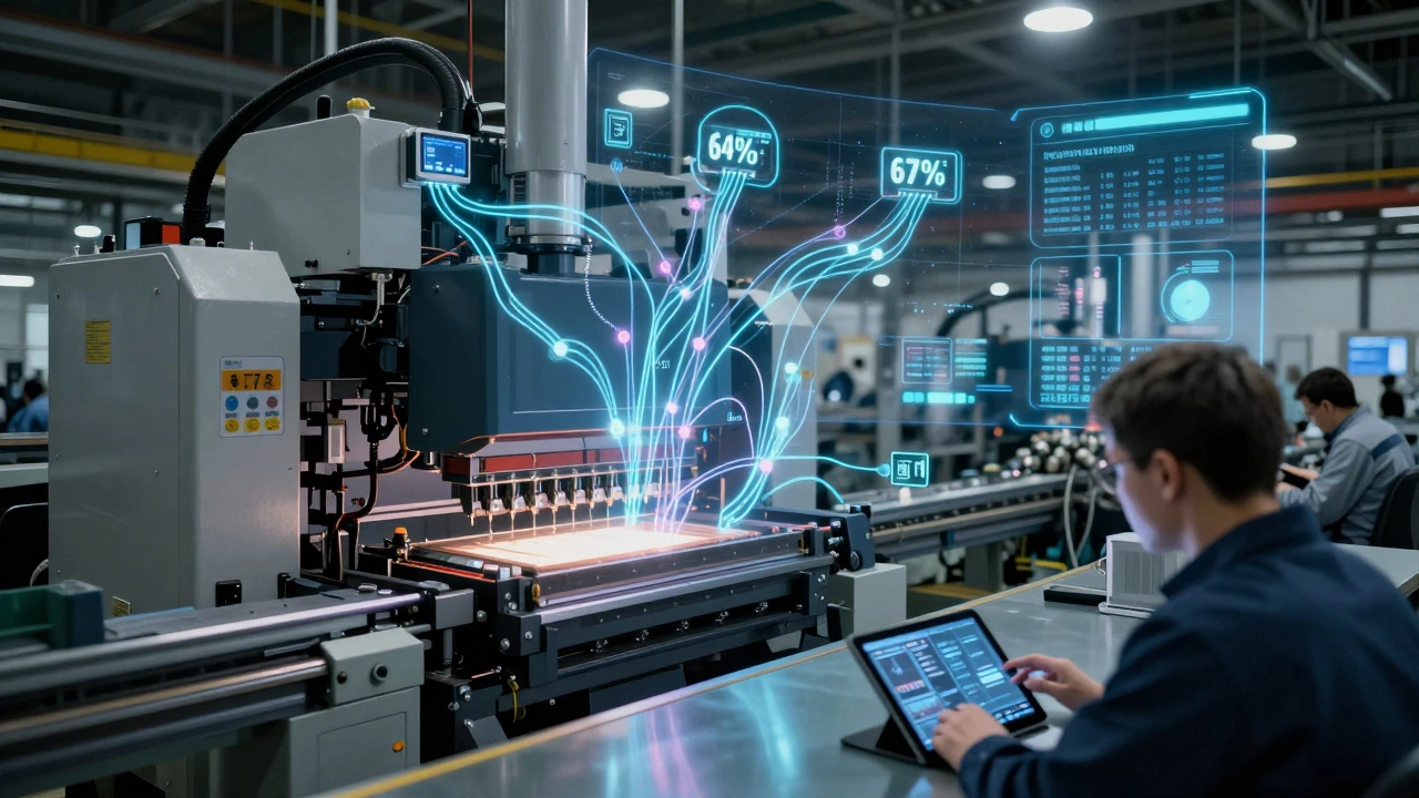 Цифровой двойник производственной линии в виде голографической проекции над реальным оборудованием.