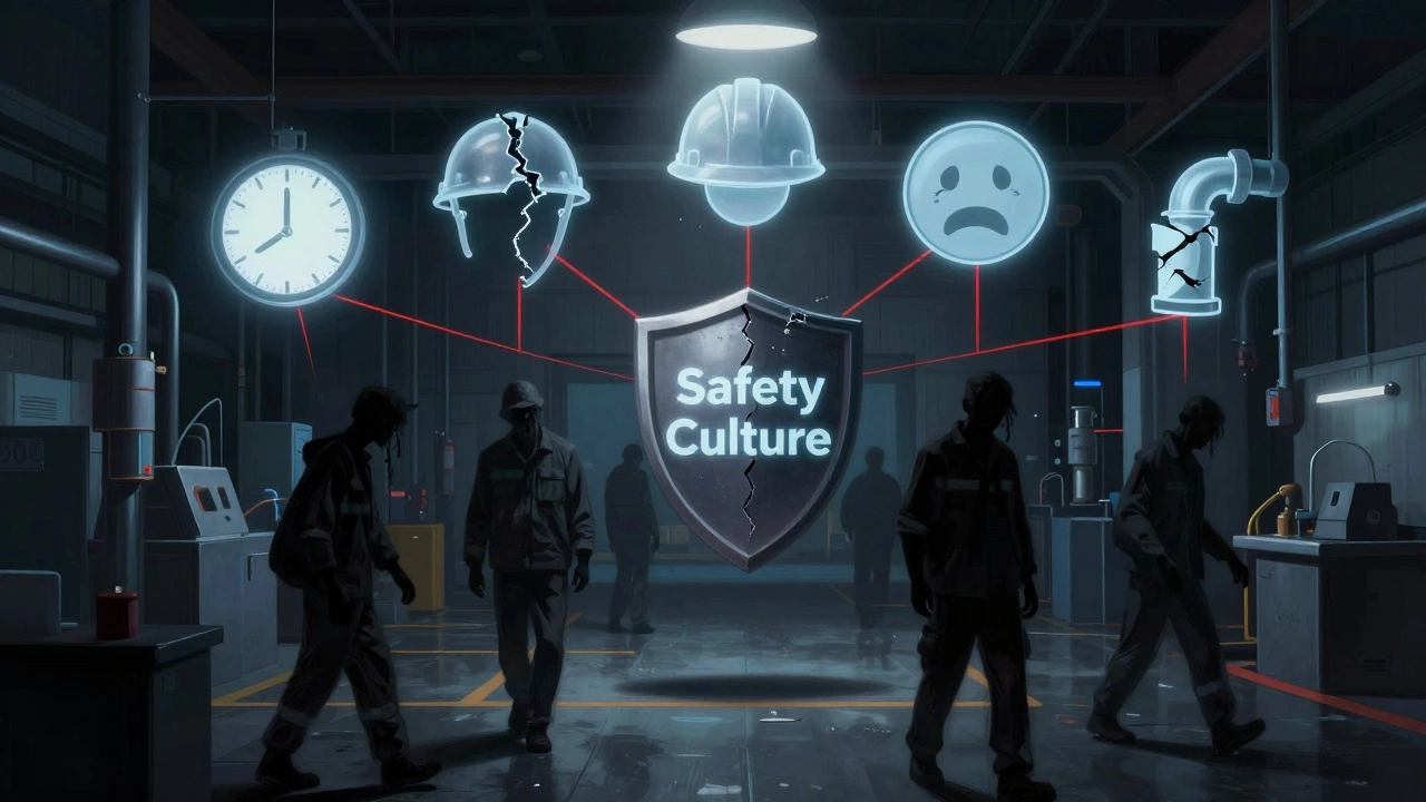 Фабричный пол ночью с прозрачными символами рисков, нависающими над уставшими рабочими.