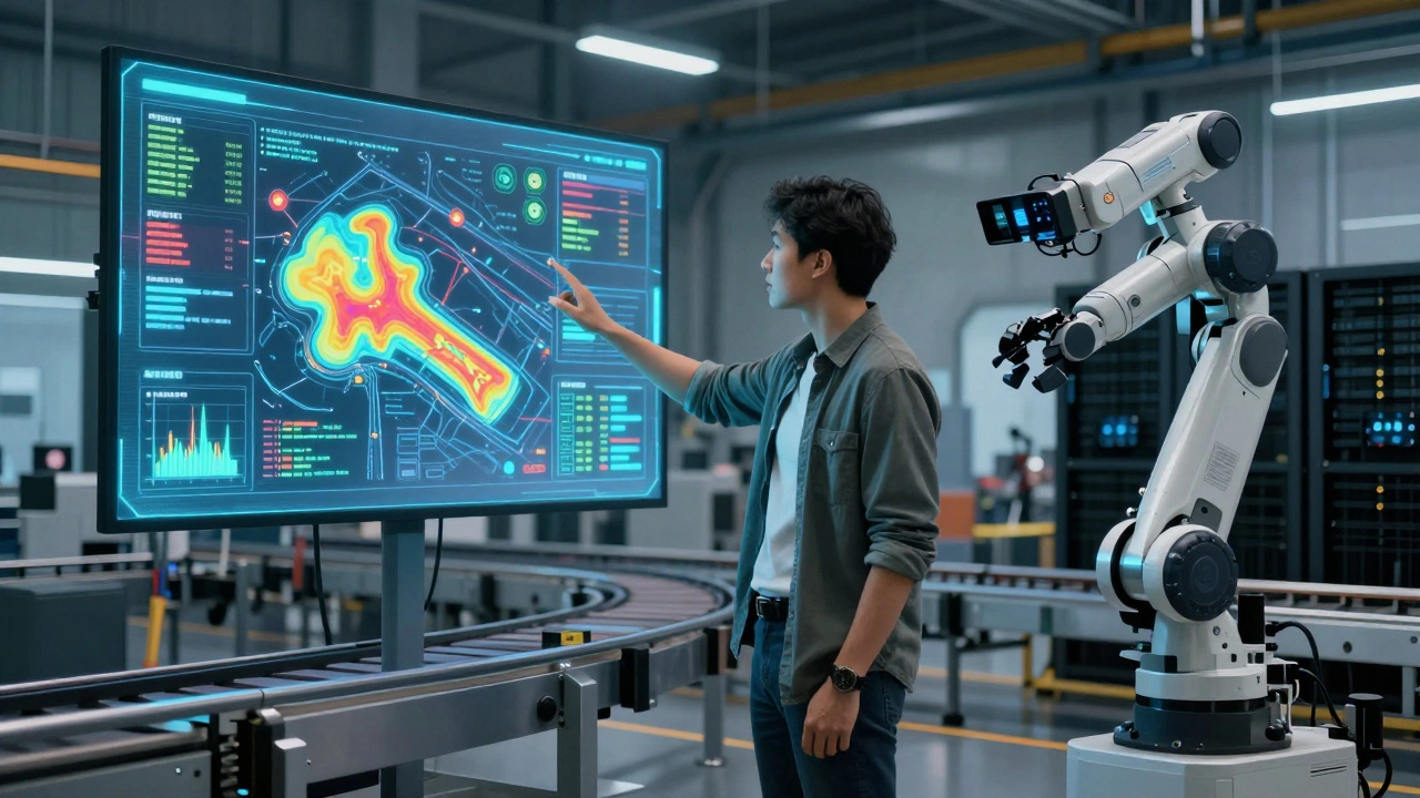 Инженер управляет цифровым двойником производственной линии, а робот адаптирует сварку с помощью ИИ-камер.