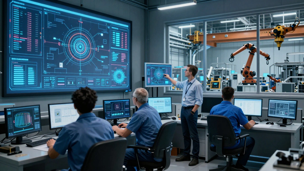 Инженеры наблюдают за данными с датчиков на голографических экранах в умном производстве.