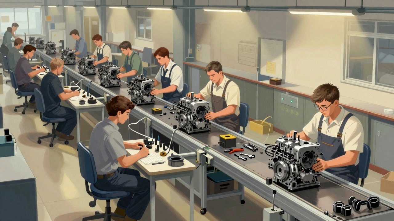 Модульная сборочная линия с 12 стационарными станциями вместо конвейера.