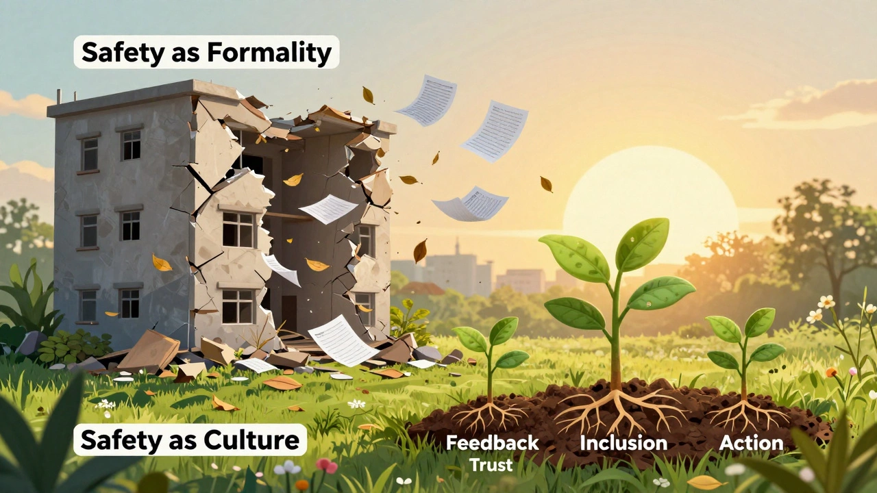 Рушающееся здание формальностей против цветущего сада культуры безопасности с корнями доверия и обратной связи.