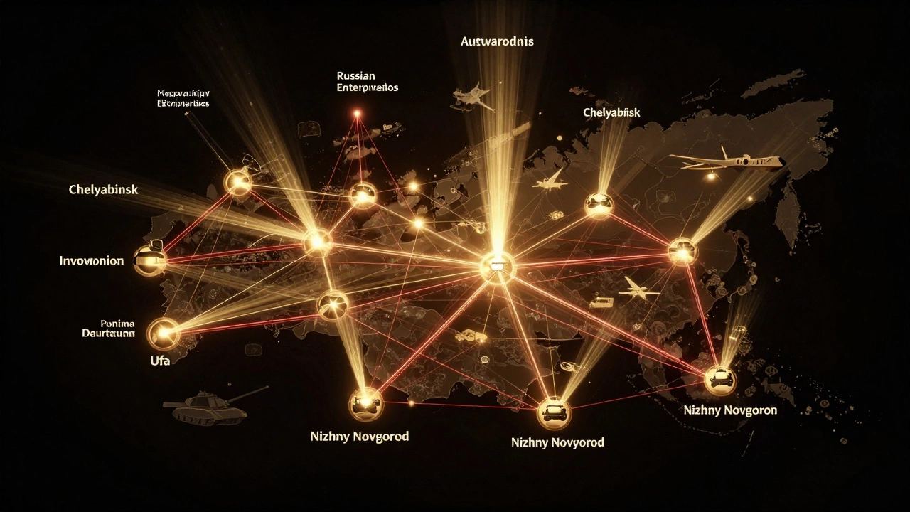 Схема российских промышленных предприятий, соединенных световыми потоками, символизирующими налоги, рабочие места и технологии, простирающимися по всей стране.