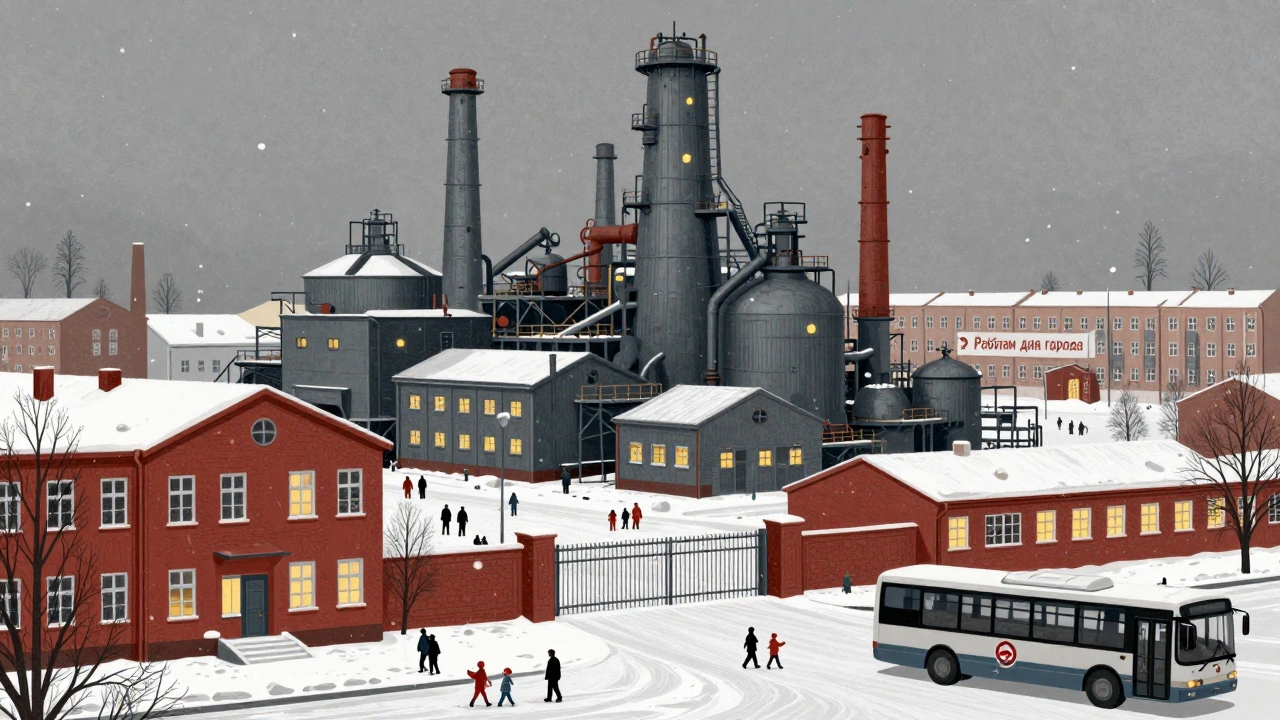 Сибирский промышленный город, где завод является центром жизни: школа, клиника и магазины рядом с заводскими зданиями, рабочие идут домой под снегом.