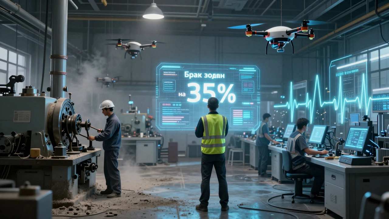 Сравнение старого и цифрового производства: один рабочий контролирует революцию на экране.