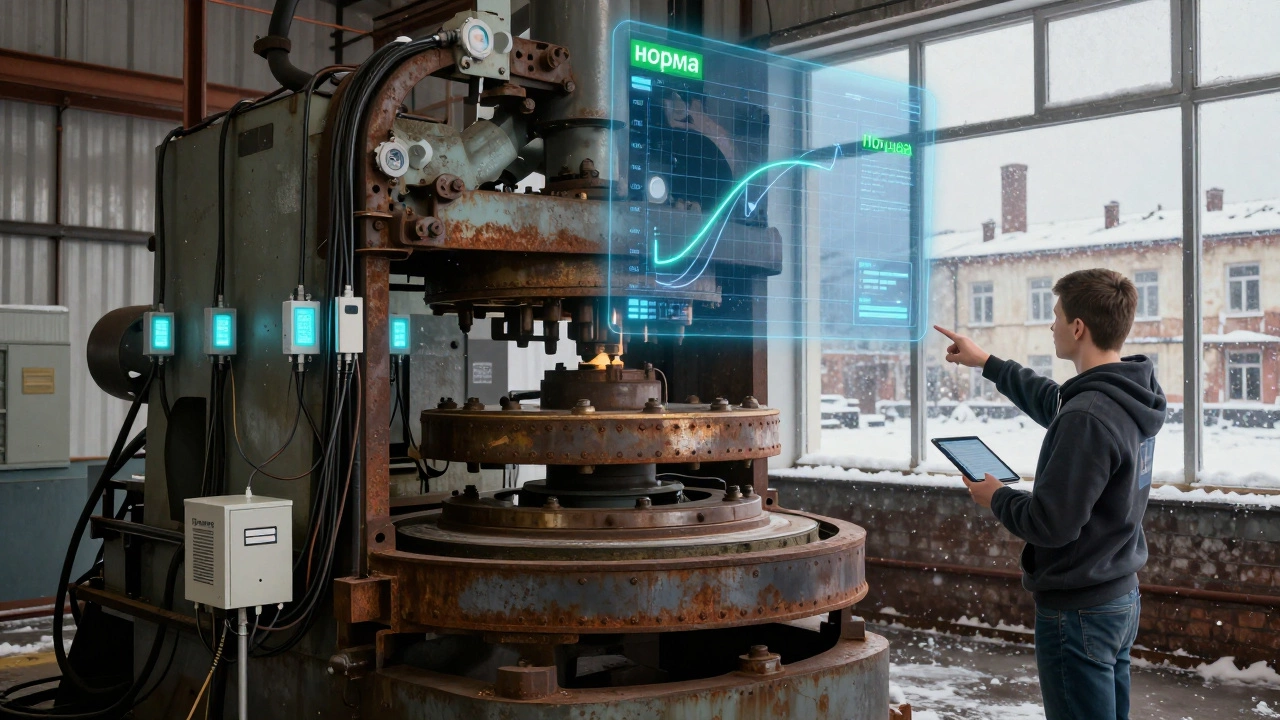 Старый пресс с современными датчиками и его цифровым двойником в воздухе.