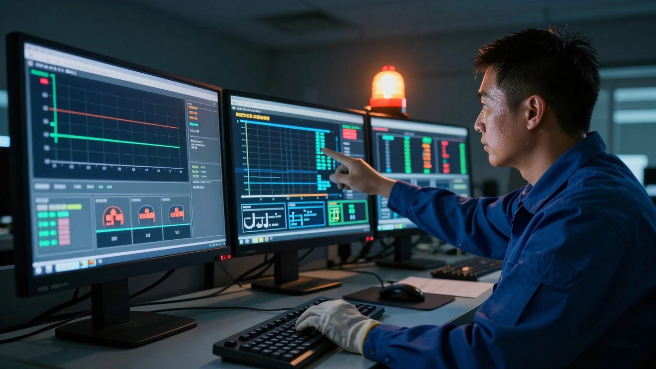 Техник в ночную смену наблюдает за индикаторами на экранах системы автоматизации.