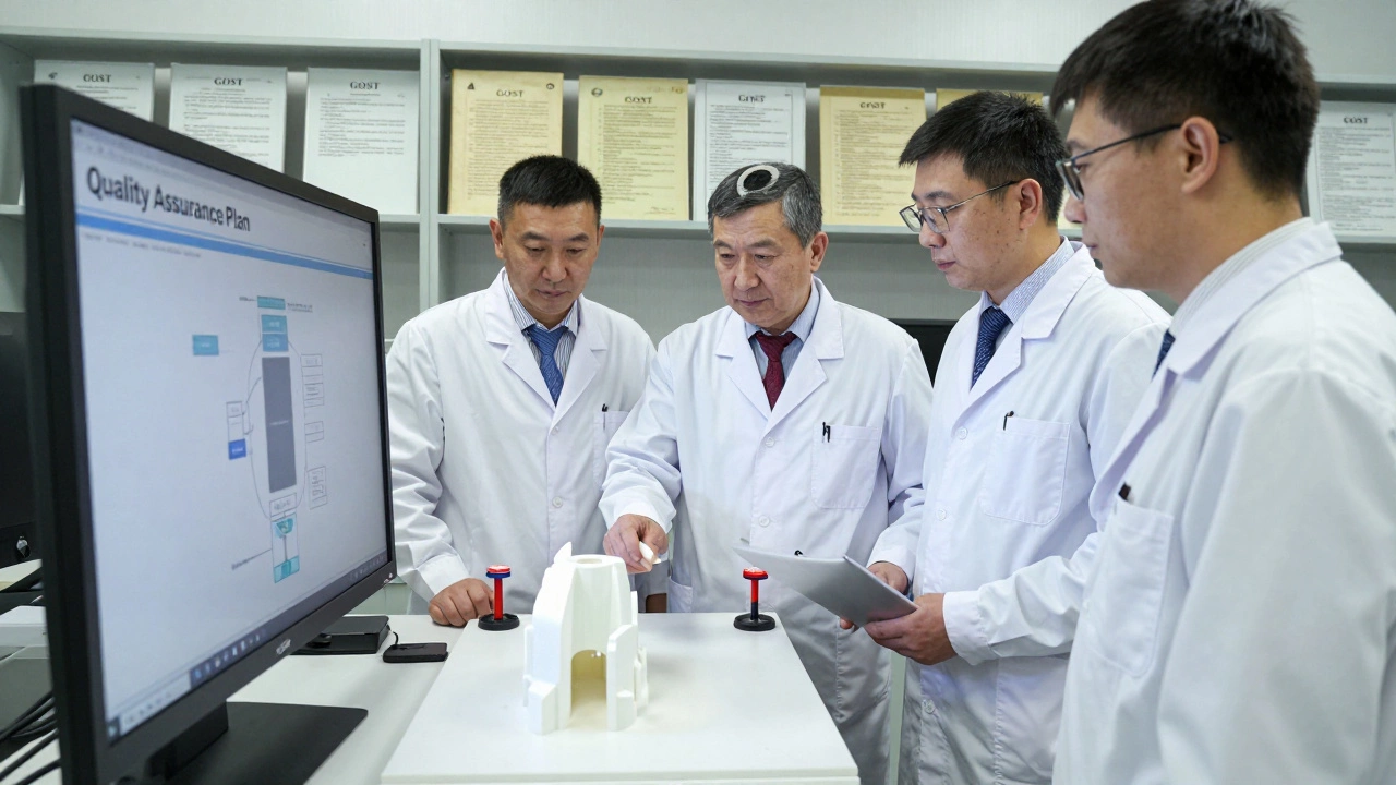 Три специалиста проверяют деталь с тройным одобрением в цеху аэрокосмической промышленности.