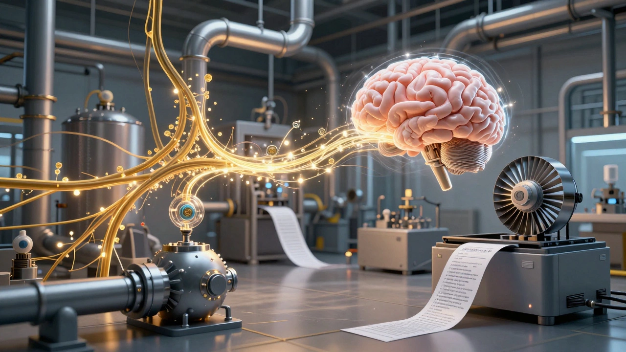 Завод как живое существо: трубы как сосуды, датчики как клетки, данные текут как кровь, рядом — 3D-печать и блокчейн.