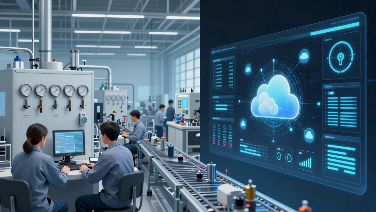 Двухстороннее изображение: реальный завод и его цифровая копия с потоками данных и прогнозами ИИ.