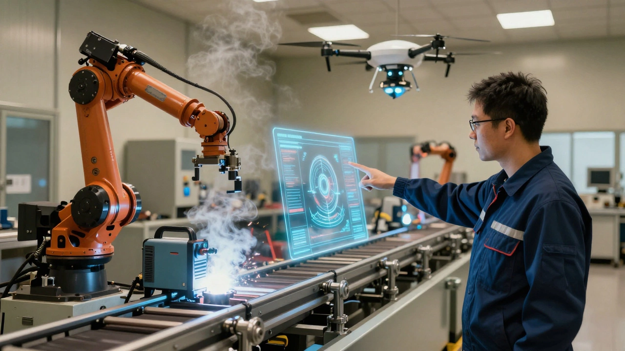 Инженер управляет цифровым двойником завода, в то время как роботы работают автономно.