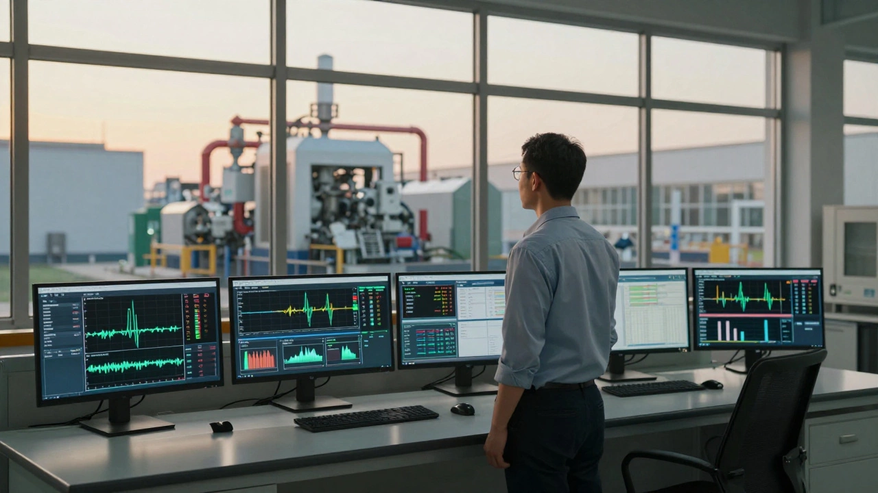 Инженер в центре управления, наблюдающий за прогнозами обслуживания на экранах, а за окном работают автоматизированные станки.
