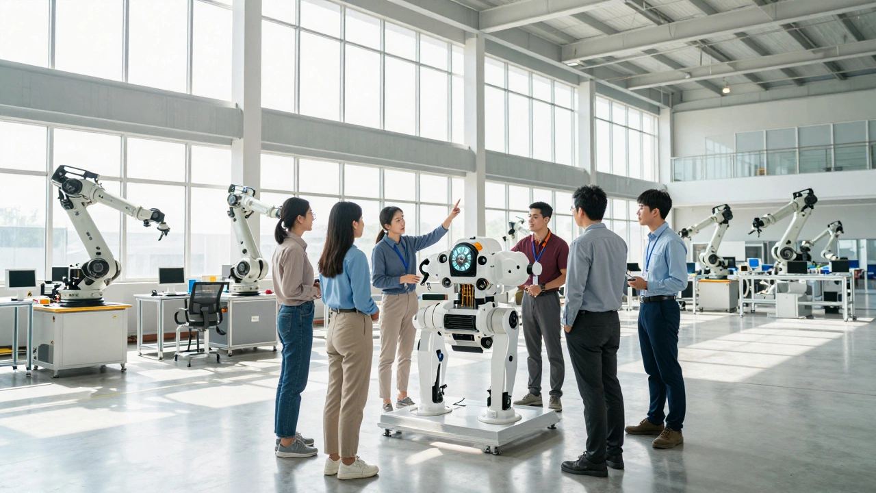 Команда инженеров у прототипа машины в светлом заводском зале