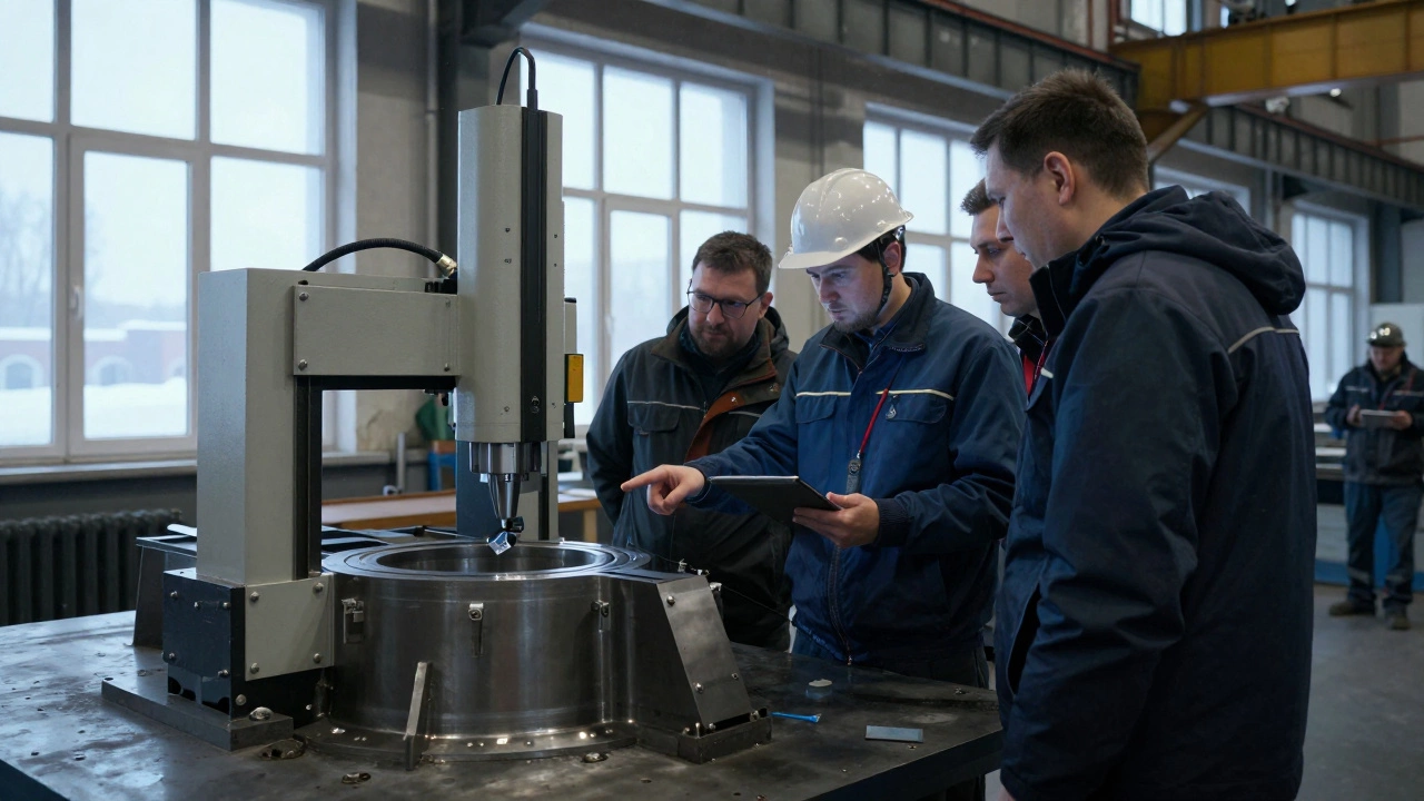 Команда в судостроительном цеху анализирует стальной компонент с помощью 3D-сканера.