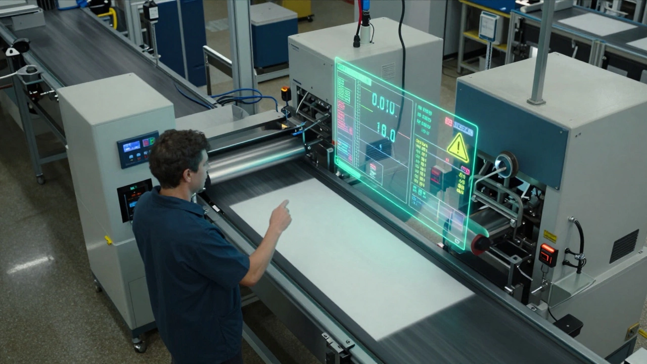 Линия производства, где сенсоры автоматически корректируют параметры пресса при обнаружении брака.