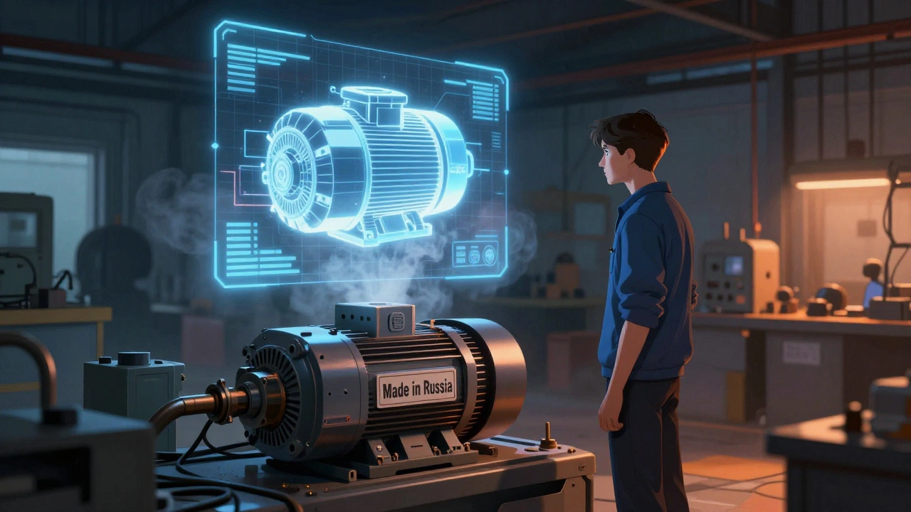 Молодой инженер смотрит на сломанный российский сервопривод, рядом с ним светится голограмма немецкого аналога.