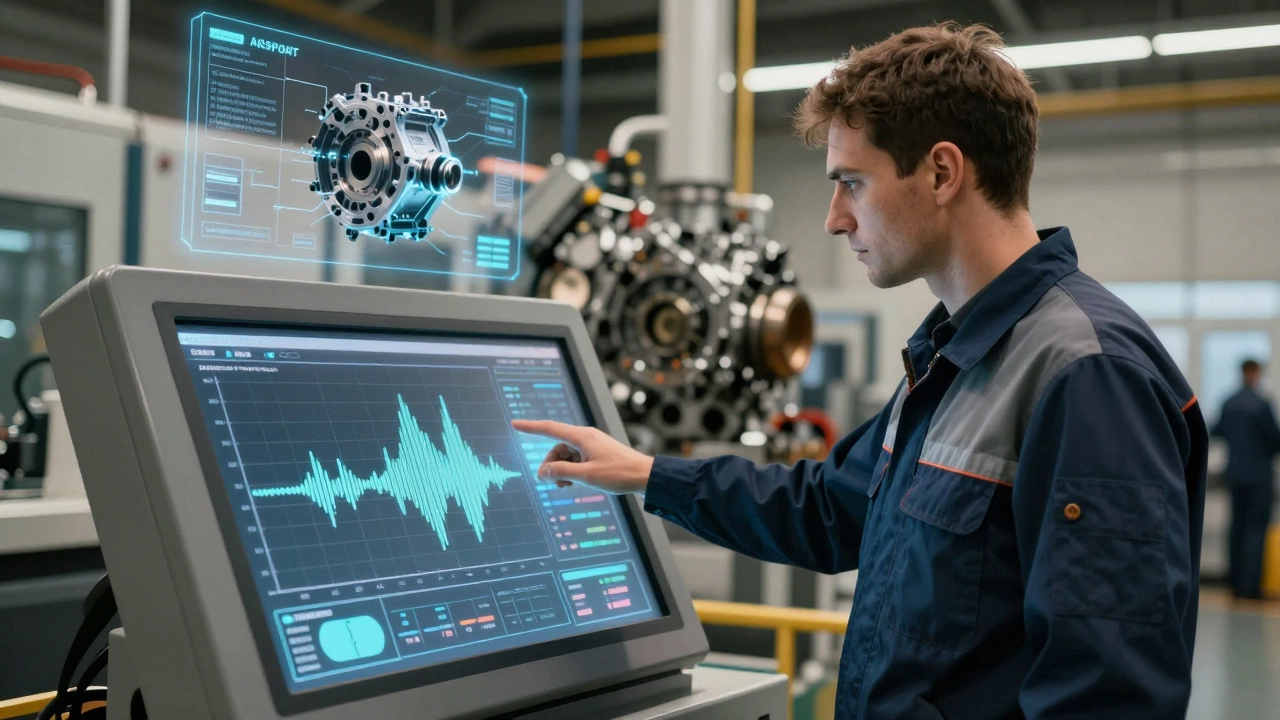 Оператор смотрит на цифровую панель с данными о вибрации, над деталью висит её цифровой паспорт.