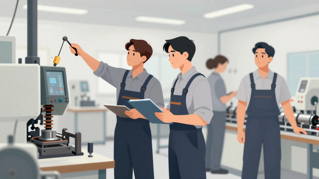 Рабочие обсуждают проблему на станке, один останавливает линию — без роботов, только люди и внимание.