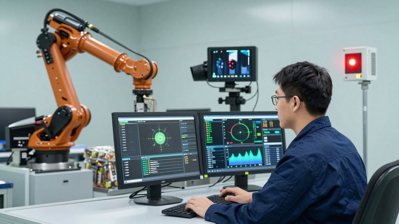 Рабочий контролирует систему: робот упаковывает, камера проверяет деталь, датчик сигнализирует об ошибке.