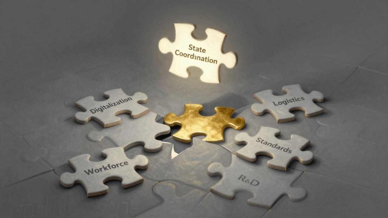 Разрозненные части головоломки с метками ключевых проблем машиностроения, одна часть светится золотым.