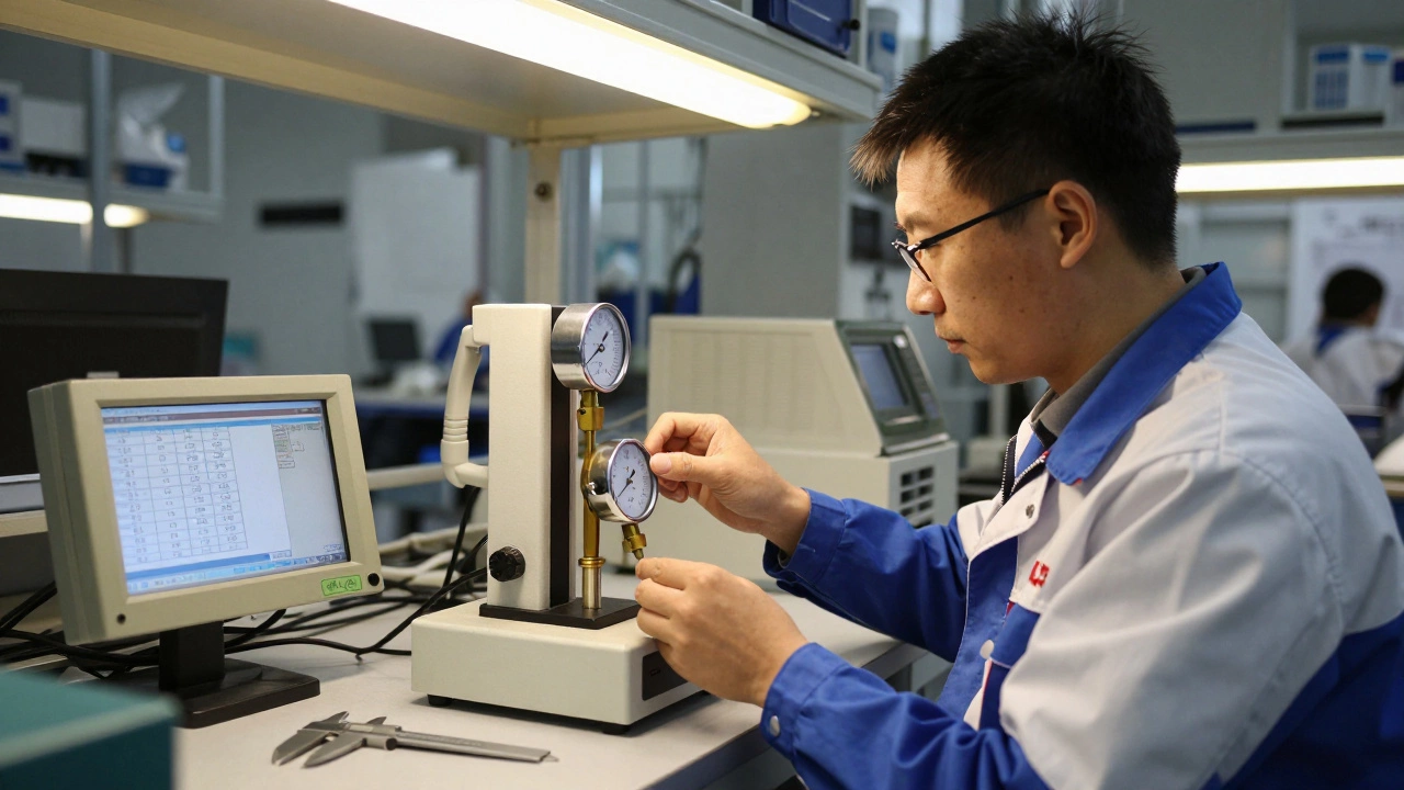 Специалист заменяет механический измерительный инструмент на лазерную систему в цеху.