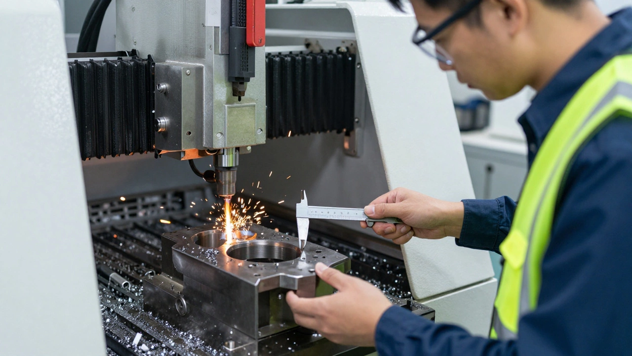 Технолог проверяет металлическую деталь на заводе с измерительным инструментом.