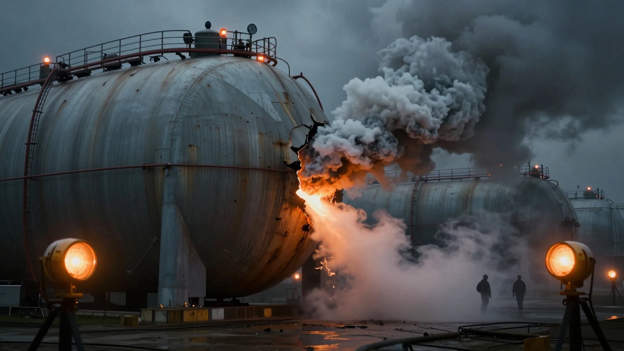 Утечка токсичного вещества из повреждённого резервуара на химическом заводе, срабатывание аварийной сигнализации.