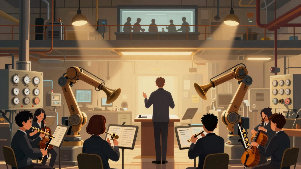 Завод как оркестр: датчики — струны, роботы — инструменты, компьютер — дирижёр, люди наблюдают сверху.