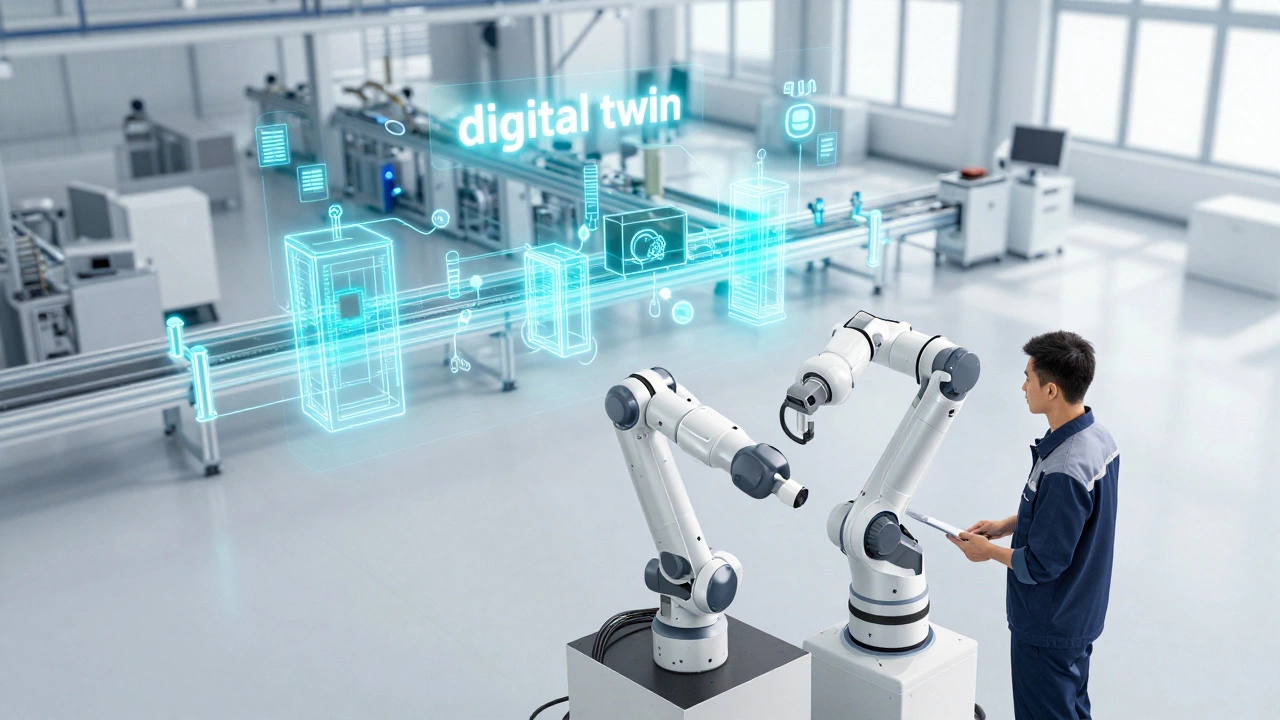 Человек и кобот работают вместе под виртуальной копией производства