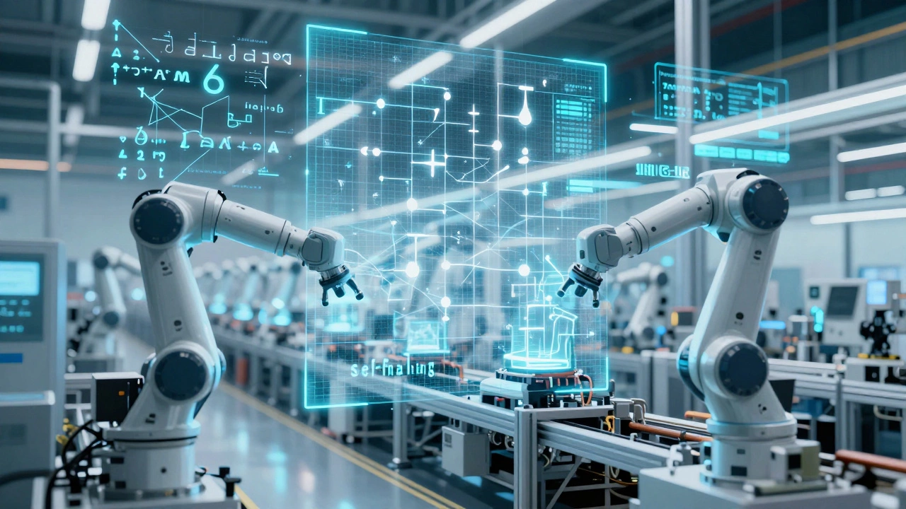 Футуристический автоматизированный завод с наложенной сетью цифровых данных