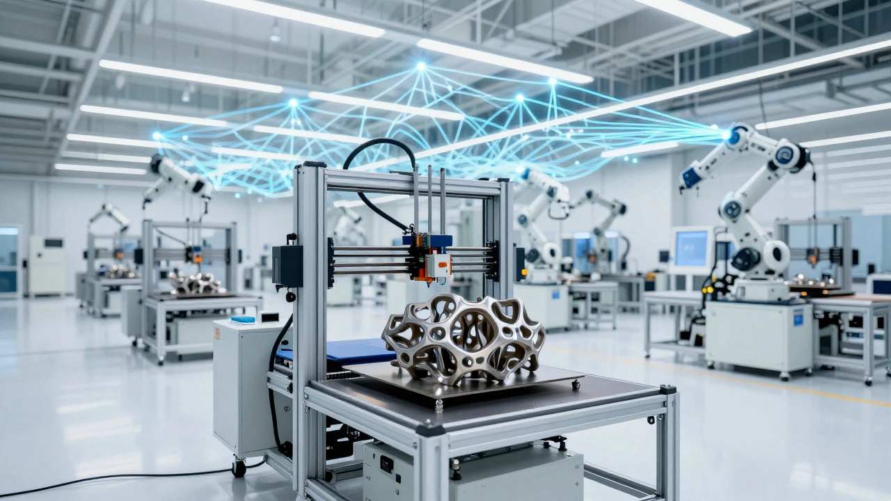 Футуристический завод с 3D-принтером и светящейся сетью датчиков IIoT