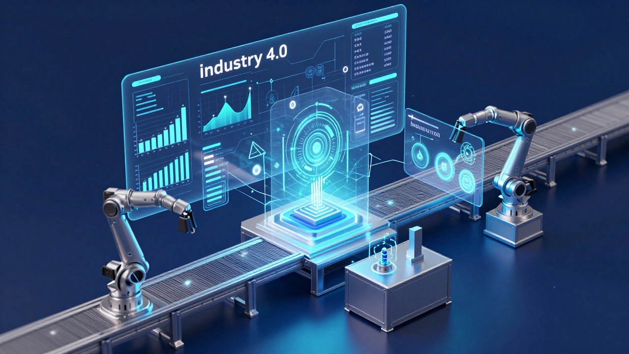 Голографическая схема Индустрии 4.0 с данными и роботами на заводе