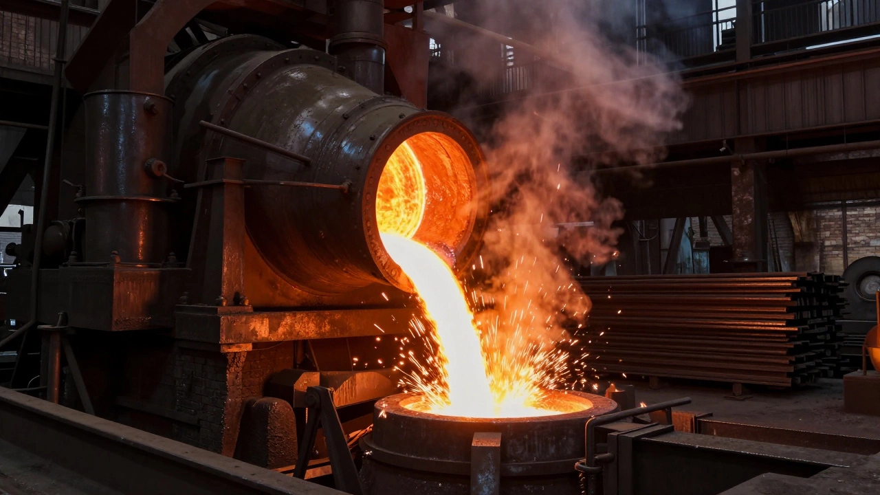Литейный цех с потоком раскаленной стали и железными рельсами