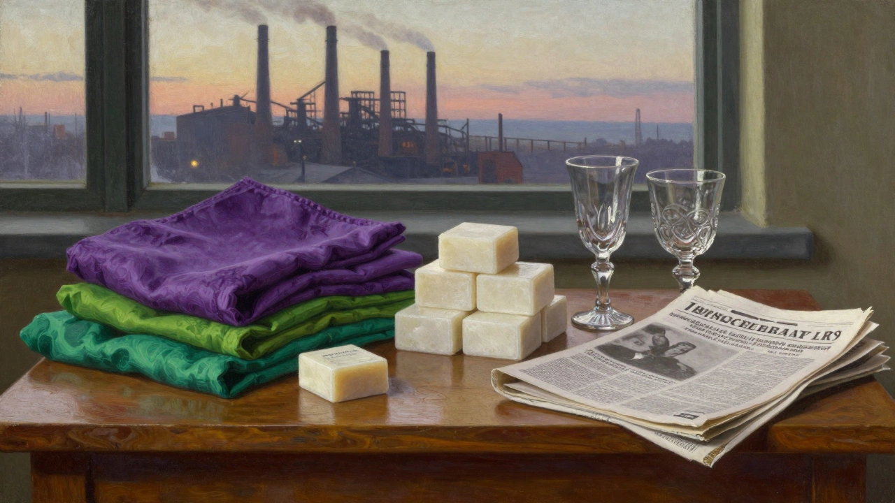 Натюрморт из товаров XIX века: цветные ткани, мыло и газеты