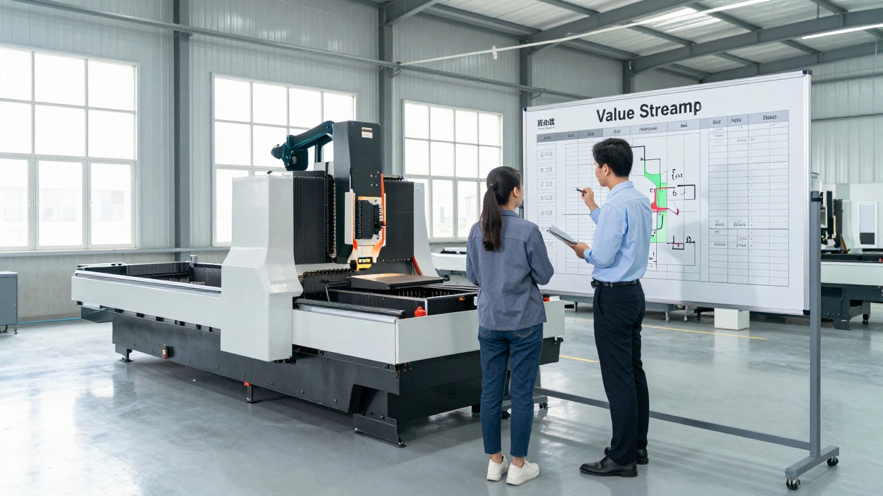 Организованный современный цех машиностроения с сотрудниками у карты процессов